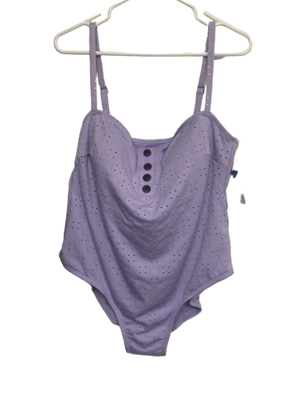 Lavender Eyelet Pointelle One Piece Swimsuit Button Front Ruffle Back 2X NWT - Picture 2 of 6